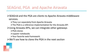 SEAGrid, PGA and Apache Airavata
SEAGrid and the PGA are clients to Apache Airavata middleware
services.
They run separately from Apache Airavata
The PGA is a reference implementation for the Airavata API
Using Airavata APIs, we can integrate other gateways
PGA clones
Jupyter notebooks
Your favorite web framework.
We’ll see how to clone the PGA in the next section
 