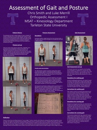 Assessment of Gait and Posture
Chris Smith and Luke Merrill
Orthopedic Assessment I
MSAT – Kinesiology Department
Tarleton State University
Gait	Assessment	Posture	Assessment	
Devia1ons	
Par$cipant	exhibits	a	slight	le2	lean	from	front	and	back	views.	In	
the	lateral	views	we	see	the	shoulders	are	rounded	and,	the	head	
is	slightly	forward.	
	
	
	
	
	
	
	
	
	
	
	
Possible	causes	and	correc1ons	
The	slight	le2	lean	could	be	caused	by	a	weak	erector	spinae	
group	and	oblique	$ghtness.	Stretching	the	eﬀected	side	can	
resolve	le2	side	leaning.	In	conjunc$on	with	increased	ﬂexibility,	
strengthening	of	the	opposite	side	musculature	can	help	bring	
the	body	into	a	more	normal	posture.		
Upper	crossed	syndrome	is	caused	from	$ghtness	in	the	upper	
trapezius	muscle	and	pectoralis	minor	muscle,	while	exhibi$ng	
weakness	in	the	mid	and	lower	trapezius.	Simple	correc$ons	
include	stretching	the	pectoralis	minor	muscles	along	with	the	
upper	trapezius.	Also,	strengthening	the	mid	and	lower	trapezius	
will	bring	the	shoulders	to	a	more	neutral	posi$on.	
The	hip	pain	the	par$cipant	is	feeling	could	be	caused	by	weak	or	
$ght	gluteal	muscles,	speciﬁcally	the	gluteus	medius	muscle	
which	is	a	primer	mover	in	hip	abduc$on	and	internal	rota$on.	In	
the	case	of	weak	gluteus	medius	muscle,	single	leg	rows	or	
clamshell	exercises	can	help	increase	stability.	This	could	alleviate	
the	soreness	that	is	felt	a2er	a	normal	workday.	
	
	
	
	
	
	
	
	
	
	
	
Pa1ent	History	
The	par$cipant	has	had	2	children	(oldest	4.5	years,	youngest	18	
months).	Par$cipant	has	an	ac$ve	lifestyle	that	includes	4-5	days	
of	exercise	each	week	by	doing	cardio,	weights,	and	yoga.	During	
working	hours	the	par$cipant	is	either	at	her	desk	(stand	up	desk	
and	wurf	board	standing	surface)	or	in	mee$ngs.	Par$cipant	
reported	having	mild	hip	soreness/pain	and	muscle	$ghtness	in	
shoulders/neck	region.	
Posture	set-up	
There	are	4	items	(tape	measure,	goniometer,	AlignaBod,	and	a	
plumb-line)	that	are	needed	for	a	posture	assessment.	The	
AlignaBod	and	plumb-line	allow	us	to	bisect	a	person	and	
compare	anything	that	is	asymmetrical.	We	then	have	the	subject	
stand	in	4	posi$ons	and	take	pictures	to	help	with	the	assessment	
process.	When	looking	at	these	pictures	we	look	for	certain	
landmarks	that	should	be	bisected	by	the	mid	line	of	the	
AlignaBod	and	plumb-line.	
Gait	Assessment	set-up	
	
For	the	gait	assessment,	we	needed	to	record	walking	
and	running	gait	on	a	treadmill	for	5	minutes	each.	One	
minute	into	her	walk	and	run,	we	recorded	1	minute	clips	
from	the	anterior,	posterior,	right	and	le2	sides	of	her	
body.	We	visually	inspected	body	devia$ons	for	a	total	of	
10	minutes.	
	
Devia1ons	for	walking	gait	
	
During	the	walking	gait	assessment,	we	no$ced	an	equal	
arm	swing,	small	stride	width,	average	stride	length	and	
no	foot	drag.	The	right	$bia	did	rotate	laterally	whenever	
her	leg	went	forward	before	returning	to	neutral	when	
the	movement	was	completed.		Also,	the	big	toe	was	
extended	throughout	the	en$re	walking	assessment	
	
Correc1ons	for	walking	gait		
	
Tibia	rota$on	could	be	corrected	by	decreasing	the	pain	
in	her	hip	through	stretching	and	ROM	exercises,	which	
should	decrease	the	body	compensa$on	occurring.	
Subject	can	focus	on	doing	a	heel	to	toe	strike	while	
walking.	To	resolve	toe	extension	subject	should	work	on	
toe	ﬂexor	muscles.	Toe	ﬂexion	exercises	with	towel	can	
be	used	to	achieve	desired	muscular	balance.		
	
Devia1ons	for	running	gait	
	
During	the	running	gait	assessment,	we	no$ced	that	the	
shoulder	and	scapula	were	equal	bilaterally	compared	to	
a	no$ceable	side	bend	during	normal	stance.	Normal	
heel	strike,	while	having	an	excessive	swinging	of	both	
legs	and	slight	genu-valgum	at	the	knees,	were	also	
no$ced.			
	
Correc1ons	for	running	gait	
	
The	excessive	swinging	of	both	legs,	along	with	the	genu-
valgum	at	the	knees	could	be	caused	by	her	lower	body	
compensa$ng	for	hip	soreness.	In	order	to	correct	this,	
we	recommend	alterna$ng	which	hip	her	child	is	carried	
on,	along	with	ROM	exercises.	We	also	recommend	
making	a	conscious	eﬀort	on	a	mid-foot	strike	for	a	
be[er	kine$c	running	mo$on.		
	
	
	
Reﬂec1on	
	
Posture	is	more	than	just	telling	someone	to	“sit	up	straight.”	Posture	is	dynamic	with	inﬂuences	coming	all	the	way	from	gene$cs	to	how	
you	sleep.	Our	bodies	are	amazing	and	they	will	adapt	to	whatever	forces	or	stresses	that	are	put	on	it.	Whether	these	forces	are	small	or	
large	they	can	eﬀect	our	daily	life.	Our	par$cipant	is	healthy	and	doesn’t	exhibit	any	dras$c	postural	devia$ons.	Recommenda$ons	provided	
will	not	require	any	major	changes	to	the	subjects	current	lifestyle	and	can	be	easily	performed	during	her	normal	day-to-day	rou$ne.	
Although	minimal	recommenda$ons	were	provide,	they	should	improve	the	subjects	posture	and	gait	enough	to	no$ce	changes	over	$me.			
 