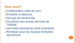 VERS QUOI?
Collaboration salle de coro
Entretien à distance
Groupe de randonnée
Ouverture aux autres services de
l’hôpital
Journées éducatives (chef cuisiniers)
Richesse pour les équipes formation
dynamique
 