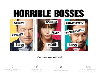 EXECUTIVE COACHING
ORGANIZATIONAL
EFFECTIVENESS
RESEARCH, SURVEYS &
ASSESSMENTS
SCALABLE & INNOVATIVE
LEADERSHIP DEVELOPMENT
DO YOU KNOW OF ONE?
 