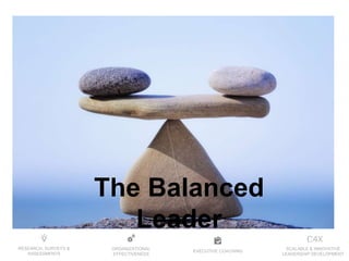 EXECUTIVE COACHING
ORGANIZATIONAL
EFFECTIVENESS
RESEARCH, SURVEYS &
ASSESSMENTS
SCALABLE & INNOVATIVE
LEADERSHIP DEVELOPMENT
The Balanced Leader
The Balanced
Leader
 