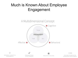 EXECUTIVE COACHING
ORGANIZATIONAL
EFFECTIVENESS
RESEARCH, SURVEYS &
ASSESSMENTS
SCALABLE & INNOVATIVE
LEADERSHIP DEVELOPMENT
Much is Known About Employee
Engagement
 