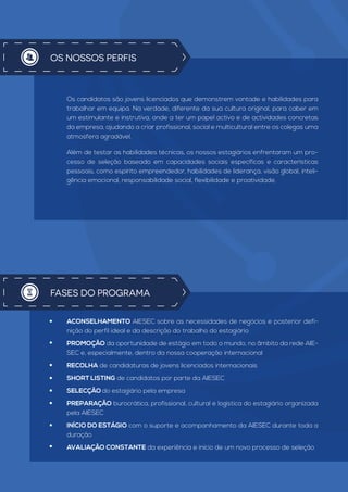 FASES DO PROGRAMA
OS NOSSOS PERFIS
ACONSELHAMENTO AIESEC sobre as necessidades de negócios e posterior defi-
nição do perfil ideal e da descrição do trabalho do estagiário
PROMOÇÃO da oportunidade de estágio em todo o mundo, no âmbito da rede AIE-
SEC e, especialmente, dentro da nossa cooperação internacional
RECOLHA de candidaturas de jovens licenciados internacionais
SHORT LISTING de candidatos por parte da AIESEC
SELECÇÃO do estagiário pela empresa
PREPARAÇÃO burocrática, profissional, cultural e logística do estagiário organizada
pela AIESEC
INÍCIO DO ESTÁGIO com o suporte e acompanhamento da AIESEC durante toda a
duração
AVALIAÇÃO CONSTANTE da experiência e início de um novo processo de seleção
Os candidatos são jovens licenciados que demonstrem vontade e habilidades para
trabalhar em equipa. Na verdade, diferente da sua cultura original, para caber em
um estimulante e instrutiva, onde a ter um papel activo e de actividades concretas
da empresa, ajudando a criar profissional, social e multicultural entre os colegas uma
atmosfera agradável.
Além de testar as habilidades técnicas, os nossos estagiários enfrentaram um pro-
cesso de seleção baseado em capacidades sociais específicas e características
pessoais, como espírito empreendedor, habilidades de liderança, visão global, inteli-
gência emocional, responsabilidade social, flexibilidade e proatividade.
 