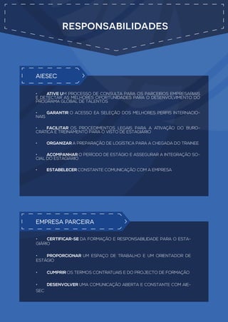 •	 ATIVE UM PROCESSO DE CONSULTA PARA OS PARCEIROS EMPRESARIAIS
E DETECTAR AS MELHORES OPORTUNIDADES PARA O DESENVOLVIMENTO DO
PROGRAMA GLOBAL DE TALENTOS
•	 GARANTIR O ACESSO EA SELEÇÃO DOS MELHORES PERFIS INTERNACIO-
NAIS
•	 FACILITAR OS PROCEDIMENTOS LEGAIS PARA A ATIVAÇÃO DO BURO-
CRÁTICA E TREINAMENTO PARA O VISTO DE ESTAGIÁRIO
•	 ORGANIZAR A PREPARAÇÃO DE LOGÍSTICA PARA A CHEGADA DO TRAINEE
•	 ACOMPANHAR O PERÍODO DE ESTÁGIO E ASSEGURAR A INTEGRAÇÃO SO-
CIAL DO ESTAGIÁRIO
•	 ESTABELECER CONSTANTE COMUNICAÇÃO COM A EMPRESA
AIESEC
EMPRESA PARCEIRA
•	 CERTIFICAR-SE DA FORMAÇÃO E RESPONSABILIDADE PARA O ESTA-
GIÁRIO
•	 PROPORCIONAR UM ESPAÇO DE TRABALHO E UM ORIENTADOR DE
ESTÁGIO
•	 CUMPRIR OS TERMOS CONTRATUAIS E DO PROJECTO DE FORMAÇÃO
•	 DESENVOLVER UMA COMUNICAÇÃO ABERTA E CONSTANTE COM AIE-
SEC
responsabilidades
 