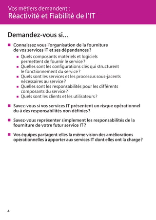 4
Demandez-vous si…
	Connaissez vous l’organisation de la fourniture
	 de vos services IT et ses dépendances ?
	 		 Quels composants matériels et logiciels
	 	 	 permettent de fournir le service ?
	 		 Quelles sont les configurations clés qui structurent
			 le fonctionnement du service ?
	 		 Quels sont les services et les processus sous-jacents
			 nécessaires au service ?
	 		 Quelles sont les responsabilités pour les différents
			 composants du service ?
	 		 Quels sont les clients et les utilisateurs ?
	Savez-vous si vos services IT présentent un risque opérationnel
	 du à des responsabilités non définies ?
	Savez-vous représenter simplement les responsabilités de la
	 fourniture de votre futur service IT ?
	Vos équipes partagent-elles la même vision des améliorations
	 opérationnelles à apporter aux services IT dont elles ont la charge ?
Vos métiers demandent :
Réactivité et Fiabilité de l’IT
 
