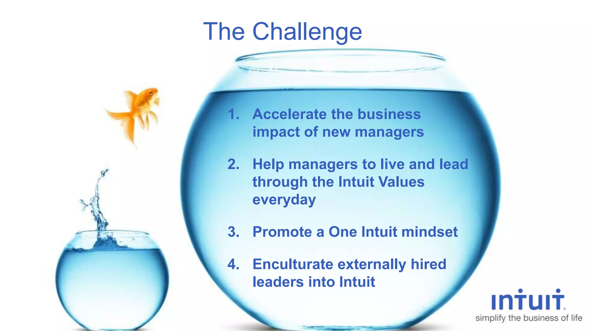 Intuit Confidential and Proprietary4
1. Accelerate the business
impact of new managers
2. Help managers to live and lead
through the Intuit Values
everyday
3. Promote a One Intuit mindset
4. Enculturate externally hired
leaders into Intuit
The Challenge
 