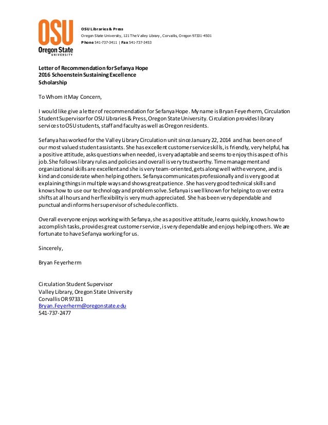 sefanya hope recommendation letter valley library bryan feyerherm university of oregon letter of recommendation