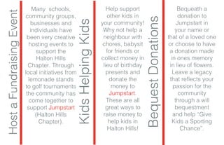 HostaFundraisingEvent
BequestDonations
KidsHelpingKids
Many schools,
community groups,
businesses and
individuals have
been very creative
hosting events to
support the
Halton Hills
Chapter. Through
local initiatives from
lemonade stands
to golf tournaments
the community has
come together to
support Jumpstart
(Halton Hills
Chapter).
Help support
other kids in
your community!
Why not help a
neighbour with
chores, babysit
for friends or
collect money in
lieu of birthday
presents and
donate the
money to
Jumpstart.
These are all
great ways to
raise money to
help kids in
Halton Hills!
Bequeath a
donation to
Jumpstart in
your name or
that of a loved one
or choose to have
a donation made
in ones memory
in lieu of flowers.
Leave a legacy
that reflects your
passion for the
community
through a will
bequestment
and help “Give
Kids a Sporting
Chance”.
 