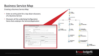 © 2016 ServiceNow All Rights Reserved 21Confidential© 2016 ServiceNow All Rights Reserved
Business Service Map
• Enter an entry point for a top down discovery
of a Business Service
• Discovers all the underlying Configuration
Items that underpin the ServiceApplication
Creating a Business Service Map
 