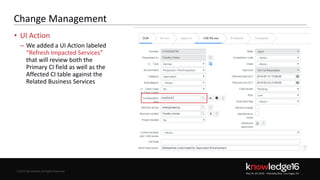 © 2016 ServiceNow All Rights Reserved 25Confidential© 2016 ServiceNow All Rights Reserved
Change Management
• UI Action
– We added a UI Action labeled
“Refresh Impacted Services”
that will review both the
Primary CI field as well as the
Affected CI table against the
Related Business Services
naxtest1
 