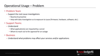 © 2016 ServiceNow All Rights Reserved 34Confidential© 2016 ServiceNow All Rights Reserved
Operational Usage – Problem
• Problem Team
– Support the root cause investigations
• Reactive & proactive
• Help with data investigation as to exposure to cause (firmware, hardware, software, etc.)
• Support Teams
– Understand
• What application(s) are impacted by a server
• Whom to reach out to for approval for an outage
• Business
– Understand what problems may effect your services and/or applications
34
 