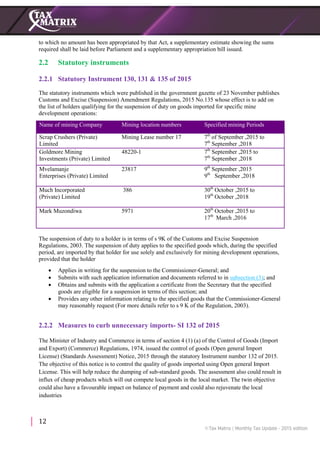 12
to which no amount has been appropriated by that Act, a supplementary estimate showing the sums
required shall be laid before Parliament and a supplementary appropriation bill issued.
2.2 Statutory instruments
2.2.1 Statutory Instrument 130, 131 & 135 of 2015
The statutory instruments which were published in the government gazette of 23 November publishes
Customs and Excise (Suspension) Amendment Regulations, 2015 No.135 whose effect is to add on
the list of holders qualifying for the suspension of duty on goods imported for specific mine
development operations:
Name of mining Company Mining location numbers Specified mining Periods
Scrap Crushers (Private)
Limited
Mining Lease number 17 7th
of September ,2015 to
7th
September ,2018
Goldmore Mining
Investments (Private) Limited
48220-1 7th
September ,2015 to
7th
September ,2018
Mvelamanje
Enterprises (Private) Limited
23817 9th
September ,2015
9th
September ,2018
Much Incorporated
(Private) Limited
386 30th
October ,2015 to
19th
October ,2018
Mark Muzondiwa 5971 20th
October ,2015 to
17th
March ,2016
The suspension of duty to a holder is in terms of s 9K of the Customs and Excise Suspension
Regulations, 2003. The suspension of duty applies to the specified goods which, during the specified
period, are imported by that holder for use solely and exclusively for mining development operations,
provided that the holder
 Applies in writing for the suspension to the Commissioner-General; and
 Submits with such application information and documents referred to in subsection (3); and
 Obtains and submits with the application a certificate from the Secretary that the specified
goods are eligible for a suspension in terms of this section; and
 Provides any other information relating to the specified goods that the Commissioner-General
may reasonably request (For more details refer to s 9 K of the Regulation, 2003).
2.2.2 Measures to curb unnecessary imports- SI 132 of 2015
The Minister of Industry and Commerce in terms of section 4 (1) (a) of the Control of Goods (Import
and Export) (Commerce) Regulations, 1974, issued the control of goods (Open general Import
License) (Standards Assessment) Notice, 2015 through the statutory Instrument number 132 of 2015.
The objective of this notice is to control the quality of goods imported using Open general Import
License. This will help reduce the dumping of sub-standard goods. The assessment also could result in
influx of cheap products which will out compete local goods in the local market. The twin objective
could also have a favourable impact on balance of payment and could also rejuvenate the local
industries
 