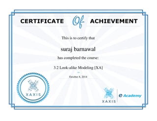 This is to certify that
suraj barnawal
has completed the course:
3.2 Look-alike Modeling [XA]
October 8, 2014
Powered by TCPDF (www.tcpdf.org)
 