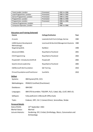 Team Leader,London Promoted 1992 to 1996
Lead Programmer,London Promoted 1990 to 1992
SeniorProgrammer,London Promoted 1990 to 1992
Programmer,London Promoted 1986 to 1990
Programmer,London Promoted 1984 to 1986
Trainee Programmer,London 1984
ComputerOperator,London 1982 to 1984
Education and Training (Selected)
Course College/Institution Year
A Levels LowlandsSixthFormCollege,Harrow 1982
LSDM (SystemDevelopment
Methodology)
Learmouth& BurchettManagementSystems 1989
NegotiatingSkills NatWest 1990
AdvancedCOBOL Royal Bank of Scotland 2001
CICSProgramming Royal Bank of Scotland 2002
PeopleSoft–Introduction&HR UK Peoplesoft 2002
Good to Great Leadership Royal Bank of Scotland 2005
C#/Microsoft.NetFoundation QA Training 2010
Prince2FoundationandPractitioner SureSkills 2010
Skillset
Systems: IBM System/370, CICS
Methodologies: PRINCE2 Certified (Practitioner)
Databases: IBM DB2
Languages: IBM 370 Assembler, TSO/ISPF, PL/1, Cobol, SQL, CLIST, MVS JCL
Software: Fully proficient in Microsoft Office Suite
Tools: Endevor, ISPF, CA-7, Connect:Direct, ServiceNow, Strobe
Personal Details
Date of Birth: 15th September 1963
Marital Status: Married
Leisure Interests: Gardening, DIY, Cricket, Ornithology, Music, Conservation and
Archaeology
 
