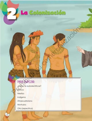 PARA EMPEZAR:
¿Cómo te autoidentificas?
Blanco
Mestizo
Indígena
Afroecuatoriano
Montubio
Otro (especifica)
2
32
©edb
Prohibida
su
com
ercialización
 