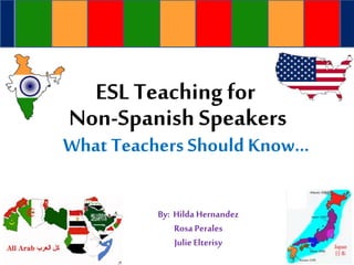 ESL Teaching for
What Teachers Should Know…
By: Hilda Hernandez
Rosa Perales
Julie Elterisy
Non-Spanish Speakers
 