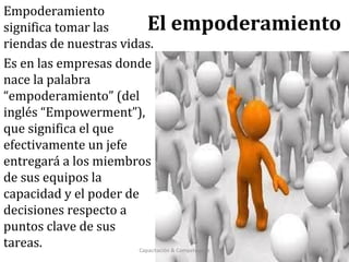 El empoderamiento
Empoderamiento
significa tomar las
riendas de nuestras vidas.
Es en las empresas donde
nace la palabra
“empoderamiento” (del
inglés “Empowerment”),
que significa el que
efectivamente un jefe
entregará a los miembros
de sus equipos la
capacidad y el poder de
decisiones respecto a
puntos clave de sus
tareas. Capacitación & Competencias 13
 