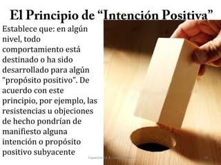 El Principio de “Intención Positiva”
Establece que: en algún
nivel, todo
comportamiento está
destinado o ha sido
desarrollado para algún
“propósito positivo”. De
acuerdo con este
principio, por ejemplo, las
resistencias u objeciones
de hecho pondrían de
manifiesto alguna
intención o propósito
positivo subyacente Capacitación & Competencias 15
 
