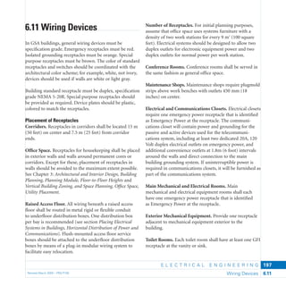 E L E C T R I C A L E N G I N E E R I N G
Revised March 2003 – PBS-P100 Wiring Devices 6.11
197
Number of Receptacles. For initial planning purposes,
assume that ofﬁce space uses systems furniture with a
density of two work stations for every 9 m2
(100 square
feet). Electrical systems should be designed to allow two
duplex outlets for electronic equipment power and two
duplex outlets for normal power per work station.
Conference Rooms. Conference rooms shall be served in
the same fashion as general ofﬁce space.
Maintenance Shops. Maintenance shops require plugmold
strips above work benches with outlets 450 mm (18
inches) on center.
Electrical and Communications Closets. Electrical closets
require one emergency power receptacle that is identiﬁed
as Emergency Power at the receptacle. The communi-
cations closet will contain power and grounding for the
passive and active devices used for the telecommuni-
cations system, including at least two dedicated 20A, 120
Volt duplex electrical outlets on emergency power, and
additional convenience outlets at 1.8m (6 foot) intervals
around the walls and direct connection to the main
building grounding system. If uninterruptible power is
required in communications closets, it will be furnished as
part of the communications system.
Main Mechanical and Electrical Rooms. Main
mechanical and electrical equipment rooms shall each
have one emergency power receptacle that is identiﬁed
as Emergency Power at the receptacle.
Exterior Mechanical Equipment. Provide one receptacle
adjacent to mechanical equipment exterior to the
building.
Toilet Rooms. Each toilet room shall have at least one GFI
receptacle at the vanity or sink.
6.11 Wiring Devices
In GSA buildings, general wiring devices must be
speciﬁcation grade. Emergency receptacles must be red.
Isolated grounding receptacles must be orange. Special
purpose receptacles must be brown. The color of standard
receptacles and switches should be coordinated with the
architectural color scheme; for example, white, not ivory,
devices should be used if walls are white or light gray.
Building standard receptacle must be duplex, speciﬁcation
grade NEMA 5-20R. Special purpose receptacles should
be provided as required. Device plates should be plastic,
colored to match the receptacles.
Placement of Receptacles
Corridors. Receptacles in corridors shall be located 15 m
(50 feet) on center and 7.5 m (25 feet) from corridor
ends.
Ofﬁce Space. Receptacles for housekeeping shall be placed
in exterior walls and walls around permanent cores or
corridors. Except for these, placement of receptacles in
walls should be avoided to the maximum extent possible.
See Chapter 3: Architectural and Interior Design, Building
Planning, Planning Module, Floor-to-Floor Heights and
Vertical Building Zoning, and Space Planning, Ofﬁce Space,
Utility Placement.
Raised Access Floor. All wiring beneath a raised access
ﬂoor shall be routed in metal rigid or ﬂexible conduit
to underﬂoor distribution boxes. One distribution box
per bay is recommended (see section Placing Electrical
Systems in Buildings, Horizontal Distribution of Power and
Communications). Flush-mounted access ﬂoor service
boxes should be attached to the underﬂoor distribution
boxes by means of a plug-in modular wiring system to
facilitate easy relocation.
 