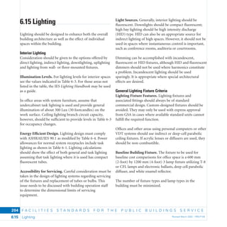 F A C I L I T I E S S T A N D A R D S F O R T H E P U B L I C B U I L D I N G S S E R V I C E
Lighting Revised March 2003 – PBS-P1006.15
204
Light Sources. Generally, interior lighting should be
ﬂuorescent. Downlights should be compact ﬂuorescent;
high bay lighting should be high intensity discharge
(HID) type. HID can also be an appropriate source for
indirect lighting of high spaces. However, it should not be
used in spaces where instantaneous control is important,
such as conference rooms, auditoria or courtrooms.
Dimming can be accomplished with incandescent,
ﬂuorescent or HID ﬁxtures, although HID and ﬂuorescent
dimmers should not be used where harmonics constitute
a problem. Incandescent lighting should be used
sparingly. It is appropriate where special architectural
effects are desired.
General Lighting Fixture Criteria
Lighting Fixture Features. Lighting ﬁxtures and
associated ﬁttings should always be of standard
commercial design. Custom-designed ﬁxtures should be
avoided. They may only be used with express approval
from GSA in cases where available standard units cannot
fulﬁll the required function.
Ofﬁces and other areas using personal computers or other
VDT systems should use indirect or deep-cell parabolic
ceiling ﬁxtures. If acrylic lenses or diffusers are used, they
should be non-combustible.
Baseline Building Fixture. The ﬁxture to be used for
baseline cost comparisons for ofﬁce space is a 600 mm
(2-foot) by 1200 mm (4-foot) 3 lamp ﬁxture utilizing T-8
or CFL lamps and electronic ballasts, deep cell parabolic
diffuser, and white enamel reﬂector.
The number of ﬁxture types and lamp types in the
building must be minimized.
6.15 Lighting
Lighting should be designed to enhance both the overall
building architecture as well as the effect of individual
spaces within the building.
Interior Lighting
Consideration should be given to the options offered by
direct lighting, indirect lighting, downlighting, uplighting
and lighting from wall- or ﬂoor-mounted ﬁxtures.
Illumination Levels. For lighting levels for interior spaces
see the values indicated in Table 6-3. For those areas not
listed in the table, the IES Lighting Handbook may be used
as a guide.
In ofﬁce areas with system furniture, assume that
undercabinet task lighting is used and provide general
illumination of about 300 Lux (30 footcandles) on the
work surface. Ceiling lighting branch circuit capacity,
however, should be sufﬁcient to provide levels in Table 6-3
for occupancy changes.
Energy Efﬁcient Design. Lighting design must comply
with ASHRAE/IES 90.1 as modiﬁed by Table 6-4. Power
allowances for normal system receptacles include task
lighting as shown in Table 6-1. Lighting calculations
should show the effect of both general and task lighting
assuming that task lighting where it is used has compact
ﬂuorescent tubes.
Accessibility for Servicing. Careful consideration must be
taken in the design of lighting systems regarding servicing
of the ﬁxtures and replacement of tubes or bulbs. This
issue needs to be discussed with building operation staff
to determine the dimensional limits of servicing
equipment.
 
