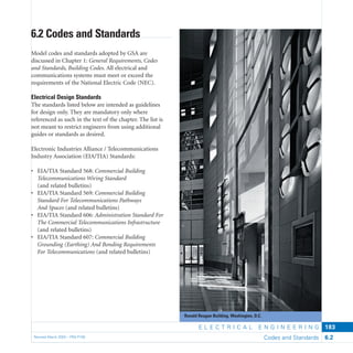 E L E C T R I C A L E N G I N E E R I N G
Revised March 2003 – PBS-P100 Codes and Standards 6.2
183
Ronald Reagan Building, Washington, D.C.
6.2 Codes and Standards
Model codes and standards adopted by GSA are
discussed in Chapter 1: General Requirements, Codes
and Standards, Building Codes. All electrical and
communications systems must meet or exceed the
requirements of the National Electric Code (NEC).
Electrical Design Standards
The standards listed below are intended as guidelines
for design only. They are mandatory only where
referenced as such in the text of the chapter. The list is
not meant to restrict engineers from using additional
guides or standards as desired.
Electronic Industries Alliance / Telecommunications
Industry Association (EIA/TIA) Standards:
• EIA/TIA Standard 568: Commercial Building
Telecommunications Wiring Standard
(and related bulletins)
• EIA/TIA Standard 569: Commercial Building
Standard For Telecommunications Pathways
And Spaces (and related bulletins)
• EIA/TIA Standard 606: Administration Standard For
The Commercial Telecommunications Infrastructure
(and related bulletins)
• EIA/TIA Standard 607: Commercial Building
Grounding (Earthing) And Bonding Requirements
For Telecommunications (and related bulletins)
 