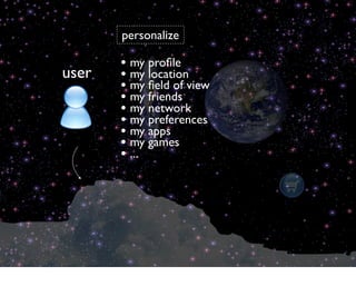 personalize

       • my proﬁle
user   • my location
       • my ﬁeld of view
       • my friends
       • my network
       • my preferences
       • my apps
       • my games
       • ...
 