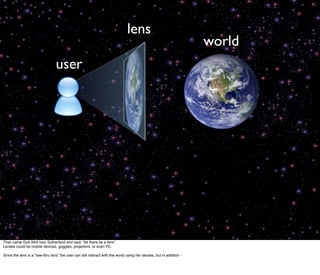 lens
                                                                                                                     world
                                 user




Than came God AKA Ivan Sutherland and said: "let there be a lens"
Lenses could be mobile devices, goggles, projectors, or even PC.

Since the lens is a "see-thru lens" the user can still interact with the world using her senses, but in addition -
 