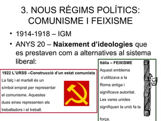 3. NOUS RÈGIMS POLÍTICS:
COMUNISME I FEIXISME
• 1914-1918 – IGM
• ANYS 20 – Naixement d’ideologies que
es prestaven com a alternatives al sistema
liberal:
1922 L’URSS –Construcció d’un estat comunista
La falç i el martell és un
símbol emprat per representar
el comunisme. Aquestes
dues eines representen els
treballadors i el treball.
Itàlia – FEIXISME
Aquest emblema
s’utilitzava a la
Roma antiga i
significava autoritat.
Les vares unides
signifiquen la unió fa la
força.
 