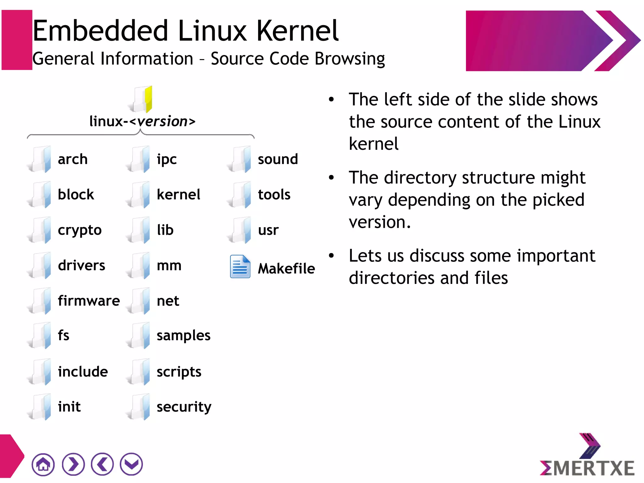 Embedded Linux Kernel
General Information – Source Code Browsing
● The left side of the slide shows
the source content of the Linux
kernel
● The directory structure might
vary depending on the picked
version.
● Lets us discuss some important
directories and files
init
arch
block
crypto
drivers
firmware
scripts
security
ipc
kernel
lib
mm
net
sound
tools
usr
Makefile
fs samples
include
linux-<version>
 