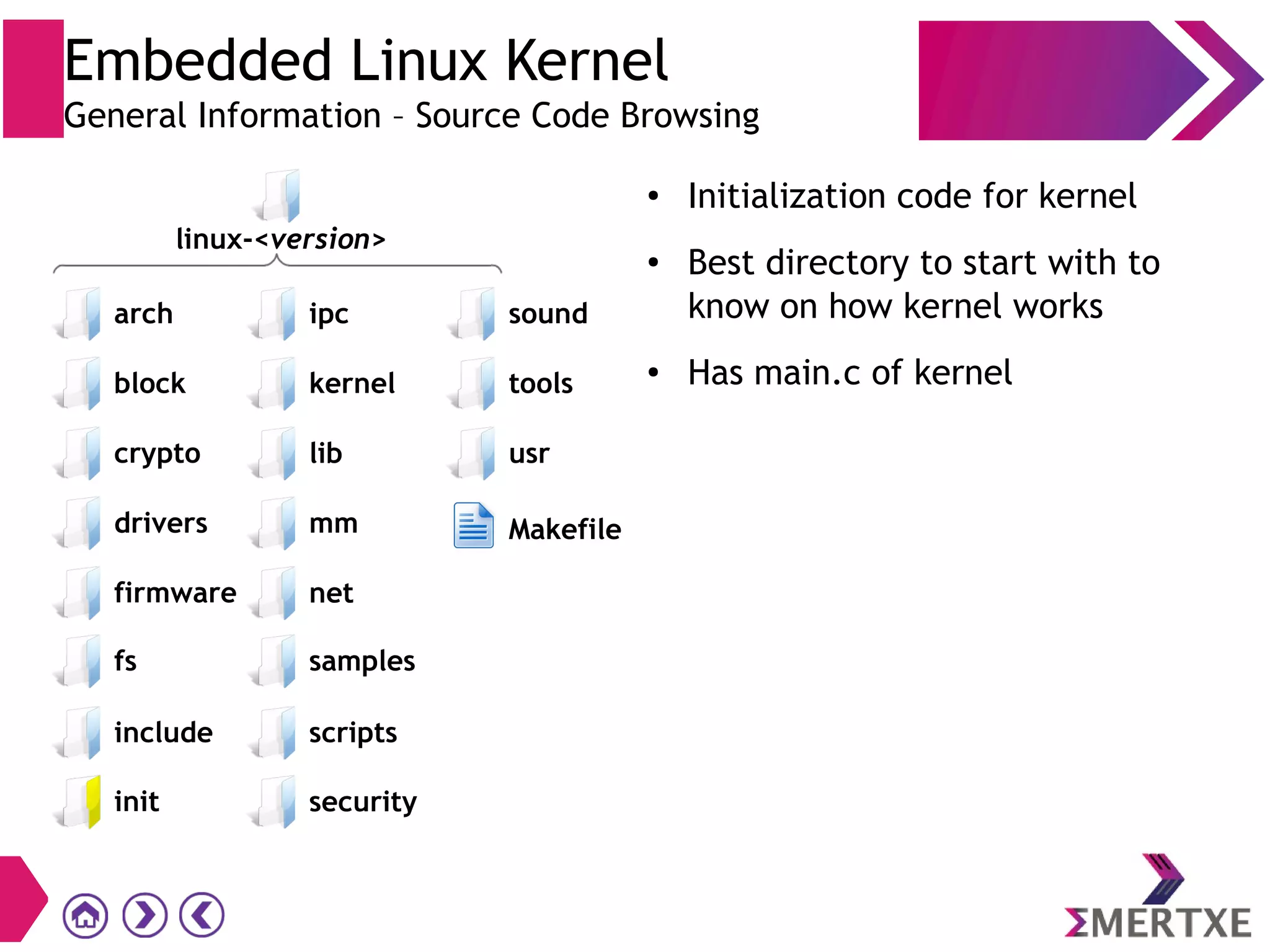 Embedded Linux Kernel
General Information – Source Code Browsing
● Initialization code for kernel
● Best directory to start with to
know on how kernel works
● Has main.c of kernel
init
block
crypto
drivers
firmware
scripts
security
ipc
kernel
lib
mm
net
sound
tools
usr
Makefile
fs samples
include
linux-<version>
arch
 