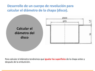 Desarrollo de un cuerpo de revolución para
calcular el diámetro de la chapa (disco).
Calcular el
diámetro del
disco
Para calcular el diámetro tendremos que igualar las superficies de la chapa antes y
después de la embutición.
 