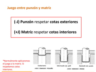 Juego entre punzón y matriz
*Normalmente aplicaremos
el juego a la matriz. Si
respetamos cotas
interiores.
(-J) Punzón respetar cotas exteriores
(+J) Matriz respetar cotas interiores
 