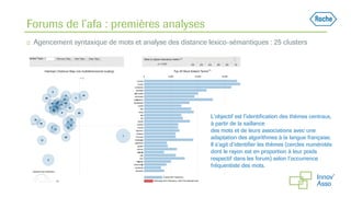 ◻ Agencement syntaxique de mots et analyse des distance lexico-sémantiques : 25 clusters
L’objectif est l’identification des thèmes centraux,
à partir de la saillance
des mots et de leurs associations avec une
adaptation des algorithmes à la langue française.
Il s’agit d’identifier les thèmes (cercles numérotés
dont le rayon est en proportion à leur poids
respectif dans les forum) selon l’occurrence
fréquentiste des mots.
Forums de l’afa : premières analyses
 