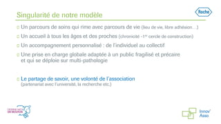 Singularité de notre modèle
◻ Un parcours de soins qui rime avec parcours de vie (lieu de vie, libre adhésion…)
◻ Un accueil à tous les âges et des proches (chronicité -1er cercle de construction)
◻ Un accompagnement personnalisé : de l’individuel au collectif
◻ Une prise en charge globale adaptée à un public fragilisé et précaire
et qui se déploie sur multi-pathologie
◻ Le partage de savoir, une volonté de l’association
(partenariat avec l’université, la recherche etc.)
 