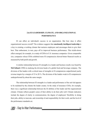 2.6) EI LEADERSHIP, CLIMATE, AND ORGANIZATIONAL
PERFORMANCE
EI can affect an individual's success in an organization. But how does it affect
organizational success overall? The evidence suggests that emotionally intelligent leadership is
a key to creating a working climate that nurtures employees and encourages them to give their
best. That enthusiasm, in turn, pays off in improved business performance. This trickle-down
effect emerged, for example, in a study of CEOs in U.S. insurance companies. Given comparable
size, companies whose CEOs exhibited more EI competencies showed better financial results as
measured by both profit and growth.
A similar relationship between EI strengths in a leader and business results was found by
McClelland (1998) in studying the division heads of a global food and beverage company. The
divisions of the leaders with a critical mass of strengths in EI competencies outperformed yearly
revenue targets by a margin of 15 to 20 %. The divisions of the leaders weak in EI competencies
underperformed by about the same margin.
The relationship between EI strengths in a leader and performance of the unit led appears
to be mediated by the climate the leader creates. In the study of insurance CEOs, for example,
there was a significant relationship between the EI abilities of the leader and the organizational
climate. Climate reflects people's sense of their ability to do their jobs well. Climate indicators
include the degree of clarity in communication; the degree of employees' flexibility in doing
their jobs, ability to innovate, and ownership of and responsibility for their work; and the level of
the performance standards set.
- 13
 