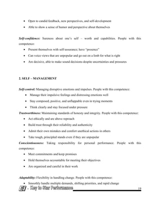 • Open to candid feedback, new perspectives, and self-development
• Able to show a sense of humor and perspective about themselves
Self-confidence: Sureness about one’s self – worth and capabilities. People with this
competence:
• Present themselves with self-assurance; have “presence”
• Can voice views that are unpopular and go out on a limb for what is right
• Are decisive, able to make sound decisions despite uncertainties and pressures
2. SELF – MANAGEMENT
Self-control: Managing disruptive emotions and impulses. People with this competence:
• Manage their impulsive feelings and distressing emotions well
• Stay composed, positive, and unflappable even in trying moments
• Think clearly and stay focused under pressure
Trustworthiness: Maintaining standards of honesty and integrity. People with this competence:
• Act ethically and are above reproach
• Build trust through their reliability and authenticity
• Admit their own mistakes and comfort unethical actions in others
• Take tough, principled stands even if they are unpopular
Conscientiousness: Taking responsibility for personal performance. People with this
competence:
• Meet commitments and keep promises
• Hold themselves accountable for meeting their objectives
• Are organized and careful in their work
Adaptability: Flexibility in handling change. People with this competence:
• Smoothly handle multiple demands, shifting priorities, and rapid change
- 19
 