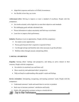 • Adapt their responses and tactics to fit fluid circumstances
• Are flexible in how they see events
Achievement drive: Striving to improve or meet a standard of excellence. People with this
competence:
• Are results-oriented, with a high drive to meet their objectives and standards
• Set challenging goals and take calculated risks
• Pursue information to reduce uncertainty and find ways to do better
• Learn how to improve their performance
Initiative: Readiness to act on opportunities. People with this competence:
• Are ready to seize opportunities
• Pursue goals beyond what’s required or expected of them
• Cut through red tape and bend the rules when necessary to get the job done
• Mobilize others through unusual, enterprising efforts
3. SOCIAL AWARENESS
Empathy: Sensing others’ feelings and perspective, and taking an active interest in their
concerns. People with this competence:
• Are attentive to emotional cues and listen well
• Show sensitivity and understand others’ perspectives
• Help out based on understanding other people’s needs and feelings
Service orientation: Anticipating, recognizing, and meeting customers’ needs. People with this
competence:
• Understand customers’ needs and match them to services or products
• Seek ways to increase customers’ satisfaction and loyalty
• Gladly offer appropriate assistance acting as a trusted advisor
- 20
 