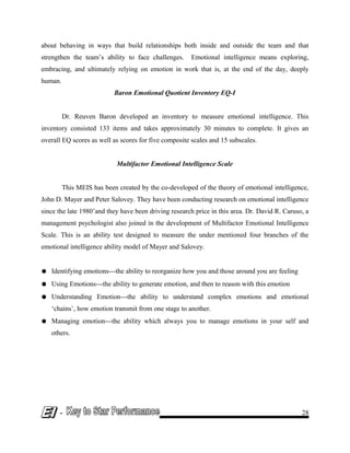 about behaving in ways that build relationships both inside and outside the team and that
strengthen the team’s ability to face challenges. Emotional intelligence means exploring,
embracing, and ultimately relying on emotion in work that is, at the end of the day, deeply
human.
Baron Emotional Quotient Inventory EQ-I
Dr. Reuven Baron developed an inventory to measure emotional intelligence. This
inventory consisted 133 items and takes approximately 30 minutes to complete. It gives an
overall EQ scores as well as scores for five composite scales and 15 subscales.
Multifactor Emotional Intelligence Scale
This MEIS has been created by the co-developed of the theory of emotional intelligence,
John D. Mayer and Peter Salovey. They have been conducting research on emotional intelligence
since the late 1980’and they have been driving research price in this area. Dr. David R. Caruso, a
management psychologist also joined in the development of Multifactor Emotional Intelligence
Scale. This is an ability test designed to measure the under mentioned four branches of the
emotional intelligence ability model of Mayer and Salovey.
● Identifying emotions---the ability to reorganize how you and those around you are feeling
● Using Emotions---the ability to generate emotion, and then to reason with this emotion
● Understanding Emotion---the ability to understand complex emotions and emotional
‘chains’, how emotion transmit from one stage to another.
● Managing emotion---the ability which always you to manage emotions in your self and
others.
- 28
 