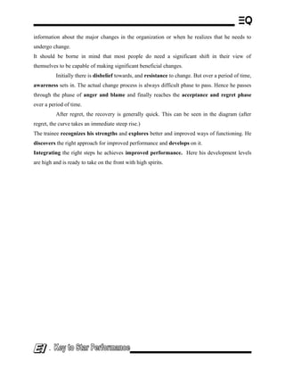 information about the major changes in the organization or when he realizes that he needs to
undergo change.
It should be borne in mind that most people do need a significant shift in their view of
themselves to be capable of making significant beneficial changes.
Initially there is disbelief towards, and resistance to change. But over a period of time,
awareness sets in. The actual change process is always difficult phase to pass. Hence he passes
through the phase of anger and blame and finally reaches the acceptance and regret phase
over a period of time.
After regret, the recovery is generally quick. This can be seen in the diagram (after
regret, the curve takes an immediate steep rise.)
The trainee recognizes his strengths and explores better and improved ways of functioning. He
discovers the right approach for improved performance and develops on it.
Integrating the right steps he achieves improved performance. Here his development levels
are high and is ready to take on the front with high spirits.
-
 