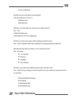 c) Very competitive
Q3) How do you work upon your blind spot?
Ans: Basically by two ways i.e.
a)feedback and
b)introspection.
Q4) How you make decisions when you are under pressure?
Ans : I do:
a) Deep Breathing and
b) Introspection of what is happening.
Q5) How you face your upsets while handling emotional cases?
Ans : I show Empathy rather than sympathy by keeping professional approach.
Q6) What are the steps you follow to solve emotional cases?
Ans : By being:-
 very attentive
 Pleasant
 Emphatic
 Very diligent
Q7) How you control your different moods while solving a case?
Ans : I don’t always manage to control myself as the cases make me emotional but I try
to control by
a) Deep Breathing technique,
b) Tea Break ,
c) Washing the face
d) Watching the sky.
-
 