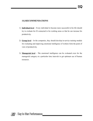 11] RECOMMENDATIONS
1) Individual level – Every individual to become more successful in his life should
try to evaluate his EI connected to his working areas so that he can increase his
productivity.
2) Group level – In the companies, they should develop in-service training module
for evaluating and improving emotional intelligence of workers form the point of
view of productivity.
3) Managerial level – The emotional intelligence can be evaluated even for the
managerial category at a particular time intervals to get optimum use of human
resources.
-
 