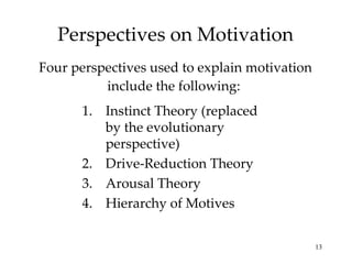 Perspectives on Motivation Four perspectives used to explain motivation include the following:  Instinct Theory (replaced by the evolutionary perspective) Drive-Reduction Theory Arousal Theory Hierarchy of Motives 