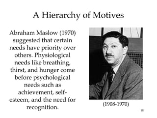 A Hierarchy of Motives Abraham Maslow (1970) suggested that certain needs have priority over others. Physiological needs like breathing, thirst, and hunger come before psychological needs such as achievement, self-esteem, and the need for recognition. (1908-1970) 