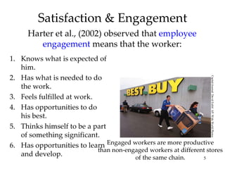 Satisfaction & Engagement Harter et al., (2002) observed that  employee engagement  means that the worker: Knows what is expected of him. Has what is needed to do the work. Feels fulfilled at work. Has opportunities to do his best. Thinks himself to be a part of something significant. Has opportunities to learn and develop. Engaged workers are more productive than non-engaged workers at different stores of the same chain. Capital-Journal/ David Eulitt/ AP/ Wide World Photos 