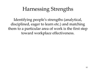 Harnessing Strengths Identifying people ’ s strengths (analytical, disciplined, eager to learn etc.) and matching them to a particular area of work is the first step toward workplace effectiveness. 