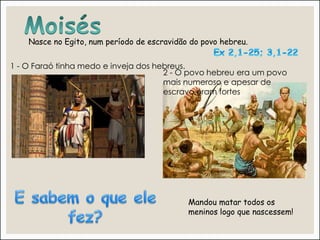 Nasce no Egito, num período de escravidão do povo hebreu.
1 - O Faraó tinha medo e inveja dos hebreus.
Mandou matar todos os
meninos logo que nascessem!
2 - O povo hebreu era um povo
mais numeroso e apesar de
escravo eram fortes
 