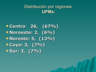 Distribución por regiones  UPMs: Centro :  26,  (67%) Noroeste: 2,  (6%) Noreste: 5,  (13%) Cuyo: 3,  (7%) Sur: 3,  (7%) 