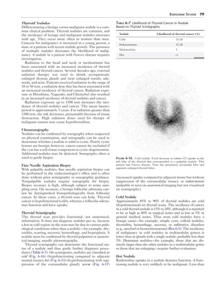 Endocrine System  79
Thyroid Nodules
Differentiating a benign versus malignant nodule is a com-
mon clinical problem. Thyroid nodules are common, and
the incidence of benign and malignant nodules increases
with age. They occur more often in women than men.
Concern for malignancy is increased in a young person, a
man, or a patient with recent nodule growth. The presence
of multiple nodules decreases the likelihood of malig-
nancy. A nodule in a patient with Graves disease requires
investigation.
Radiation to the head and neck or mediastinum has
been associated with an increased incidence of thyroid
nodules and thyroid cancer. Several decades ago, external
radiation therapy was used to shrink asymptomatic
enlarged thymus glands and treat enlarged tonsils, ade-
noids, and acne. Patients received radiation in the range of
10 to 50 rem, a radiation dose that has been associated with
an increased incidence of thyroid cancer. Radiation expo-
sure at Hiroshima, Nagasaki, and Chernobyl also resulted
in an increased incidence of thyroid nodules and cancer.
Radiation exposure up to 1500 rem increases the inci-
dence of thyroid nodules and cancer. The mean latency
period is approximately 5 years. For radiation greater than
1500 rem, the risk decreases, presumably because of tissue
destruction. High radiation doses used for therapy of
malignant tumors may cause hypothyroidism.
Ultrasonography
Nodules can be confirmed by sonography when suspected
on physical examination, and sonography can be used to
determine whether a nodule is solid or cystic. Purely cystic
lesions are benign; however, cancer cannot be excluded if
the cyst has a soft tissue component or cystic degeneration.
Additional nodules may be detected. Sonography often is
used to guide biopsy.
Fine Needle Aspiration Biopsy
With palpable nodules, fine needle aspiration biopsy can
be performed in the endocrinologist’s office and is often
done without prior scintigraphy or sonographic guidance.
Nonpalpable nodules require sonography for biopsy.
Biopsy accuracy is high, although subject to some sam-
pling error. On occasion, a benign follicular adenoma can-
not be distinguished histopathologically from follicular
cancer. In these cases, a thyroid scan can help. Thyroid
cancer is hypofunctional (cold), whereas a follicular adeno-
mas function and have uptake.
Thyroid Scintigraphy
The thyroid scan provides functional, not anatomical,
information. It does not diagnose nodules per se, because
a hot or cold region on the scan may be due to various path-
ological conditions other than a nodule—for example, thy-
roiditis, scarring, necrosis, hemorrhage, and hyperplasia. A
nodule must be confirmed by thyroid palpation or anatom-
ical imaging, usually ultrasonography.
Thyroid scintigraphy can determine the functional sta-
tus of a nodule and thus guide further diagnosis proce-
dures (Table 6-7). On scintigrams, nodules are classified as
cold (Fig. 6-16) (hypofunctioning compared to adjacent
normal tissue), hot (Fig. 6-13) (hyperfunctioning with sup-
pression of the extranodular gland), warm (Fig. 6-17)
(increased uptake compared to adjacent tissue but without
suppression of the extranodular tissue), or indeterminate
(palpable or seen on anatomical imaging but not visualized
on scintigraphy).
Cold Nodule
Approximately 85% to 90% of thyroid nodules are cold
(hypofunctional) on thyroid scans. The incidence of cancer
in a cold thyroid nodule is 15% to 20%, although it is reported
to be as high as 40% in surgical series and as low as 5% in
general medical series. Thus most cold nodules have a
benign cause—for example, simple cysts, colloid nodules,
thyroiditis, hemorrhage, necrosis, or infiltrative disorders
(e.g., amyloid or hemochromatosis) (Box 6-5). The incidence
of malignancy in cold nodules in multinodular goiters is
lower than in glands with a single nodule, probably less than
5%. Dominant nodules—for example, those that are dis-
tinctly larger than the other nodules in a multinodular goiter
or those that are enlarging—require further evaluation.
Hot Nodule
Radioiodine uptake in a nodule denotes function. A func-
tioning nodule is very unlikely to be malignant. Less than
Figure 6-16.  Cold nodule. Focal decrease in iodine-123 uptake in the
left lobe of the thyroid that corresponded to a palpable nodule. This
patient has Graves disease. Note the prominent pyramidal lobe and
apparent enlarged thyroid lobes.
Table 6-7  Likelihood of Thyroid Cancer in Nodule
Based on Thyroid Scintigraphy
Nodule Likelihood of thyroid cancer (%)
Cold 15-20
Indeterminate 15-20
Multinodular 5
Hot 1
 