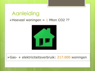 Aanleiding 
Hoeveel woningen = 1 Mton CO2 ?? 
Gas- + elektriciteitsverbruik: 217.000 woningen 
 