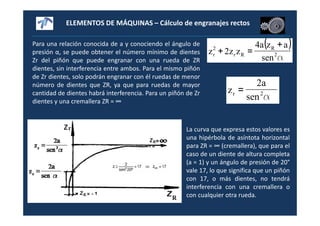 ELEMENTOS DE MÁQUINAS – Cálculo de engranajes rectos
Para una relación conocida de a y conociendo el ángulo de
presión α, se puede obtener el número mínimo de dientes
Zr del piñón que puede engranar con una rueda de ZR
dientes, sin interferencia entre ambos. Para el mismo piñón
de Zr dientes, solo podrán engranar con él ruedas de menor
número de dientes que ZR, ya que para ruedas de mayor
cantidad de dientes habrá interferencia. Para un piñón de Zr
dientes y una cremallera ZR = ∞
( )
α2
R
Rr
2
r
sen
az4a
z2zz
+
=+
sen
2a
z 2r
α
=
La curva que expresa estos valores es
una hipérbola de asíntota horizontal
para ZR = ∞ (cremallera), que para el
caso de un diente de altura completa
(a = 1) y un ángulo de presión de 20°
vale 17, lo que significa que un piñón
con 17, o más dientes, no tendrá
interferencia con una cremallera o
con cualquier otra rueda.
 